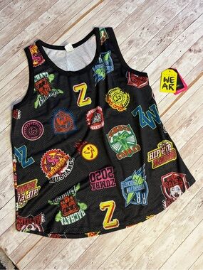 Zumba Fitness Black Mesh Jersey Tank with Neon Patch Graphics